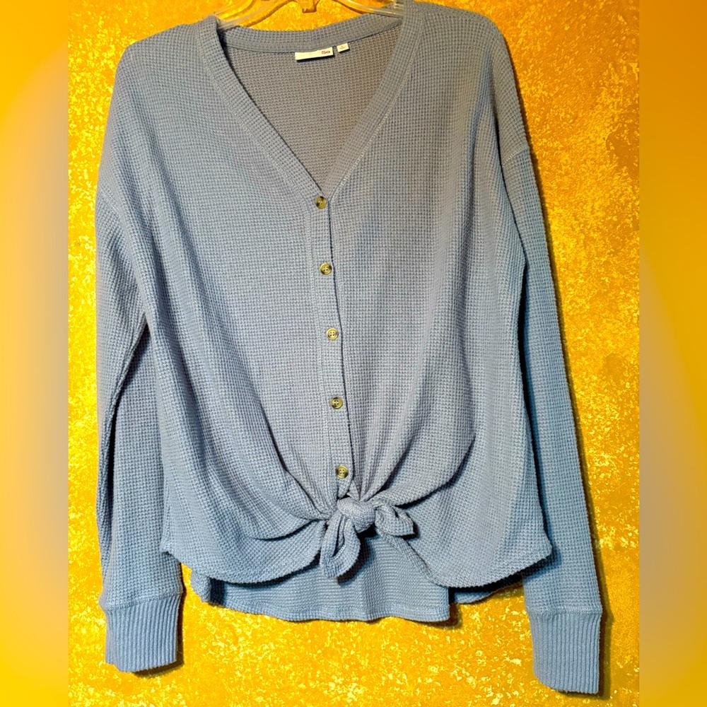 SO Light Blue Button-Up Tie Front waffle knit top size large